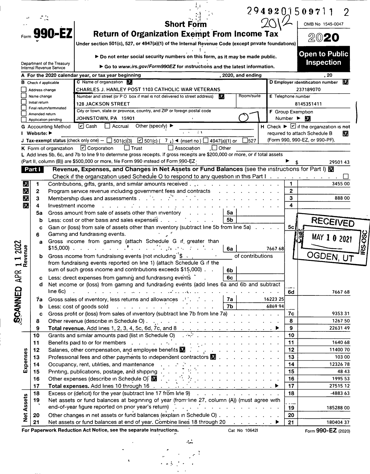 Image of first page of 2020 Form 990EO for Catholic War Veterans of the United States of America - 1103 Post-Cmr-Cwv