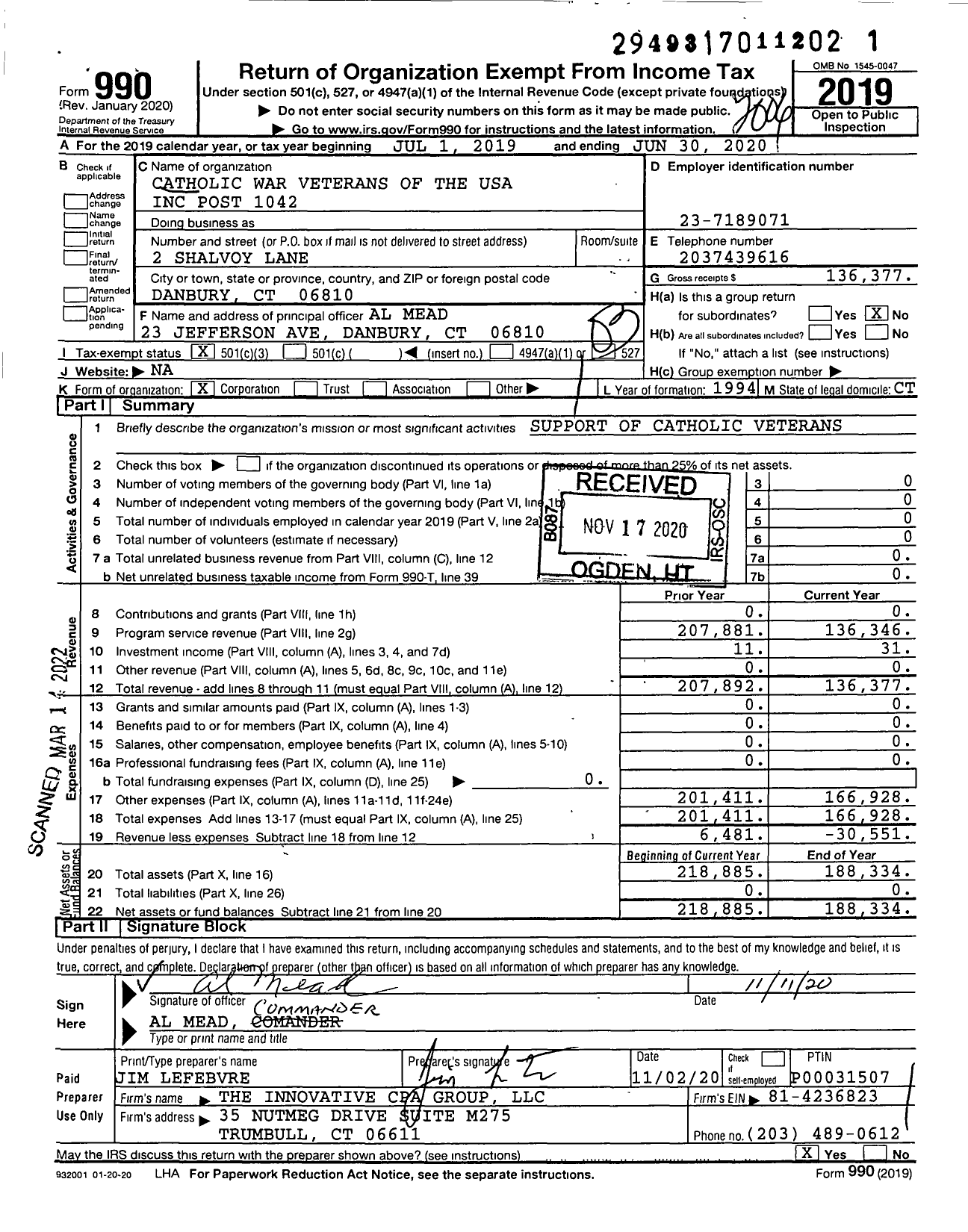 Image of first page of 2019 Form 990 for Catholic War Veterans of the United States of America - 1042 Post-Cmr-Cwv