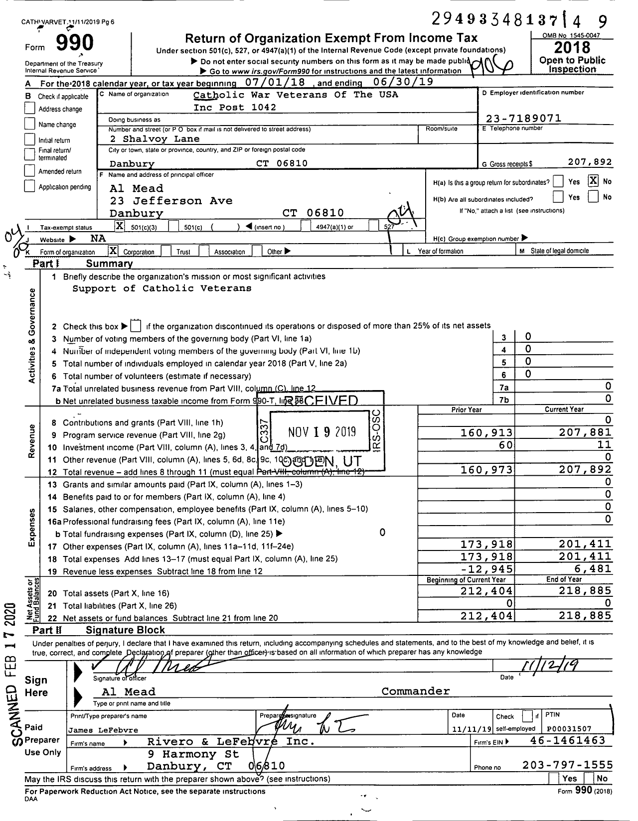 Image of first page of 2018 Form 990O for Catholic War Veterans of the United States of America - 1042 Post-Cmr-Cwv