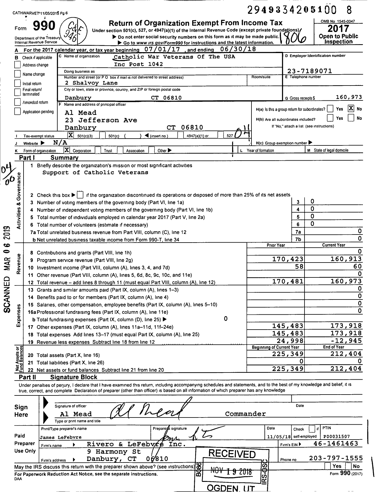 Image of first page of 2017 Form 990O for Catholic War Veterans of the United States of America - 1042 Post-Cmr-Cwv