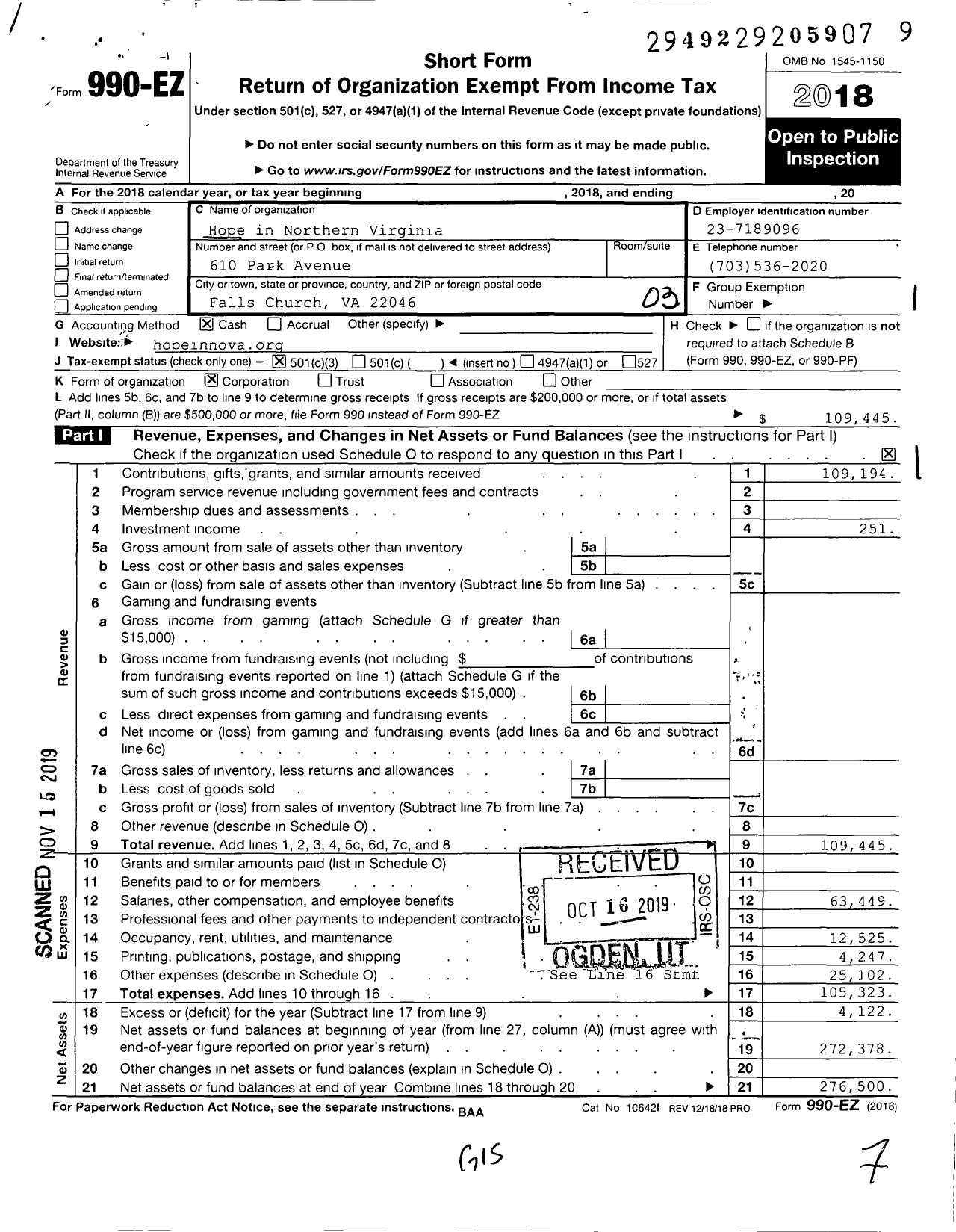 Image of first page of 2018 Form 990EZ for Options Care Center