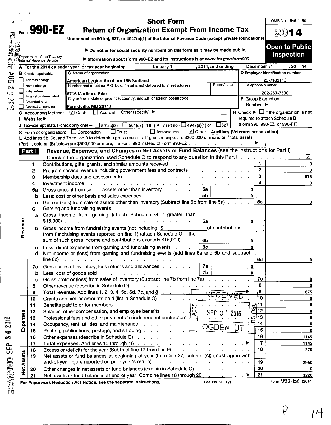 Image of first page of 2014 Form 990EO for American Legion Auxiliary / 196 Suitland