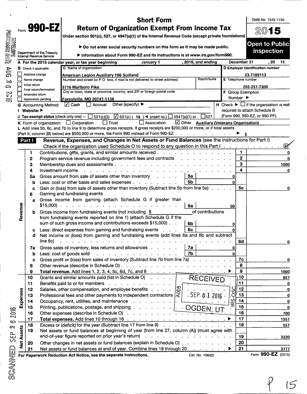 Image of first page of 2015 Form 990EO for American Legion Auxiliary / 196 Suitland