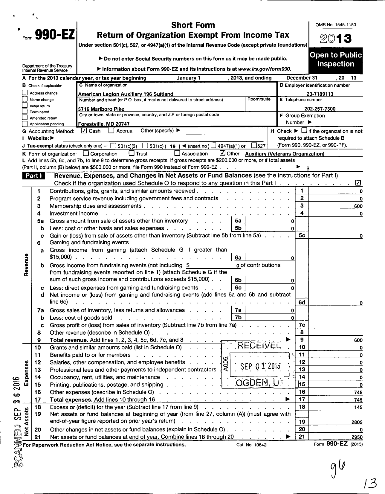 Image of first page of 2013 Form 990EO for American Legion Auxiliary / 196 Suitland