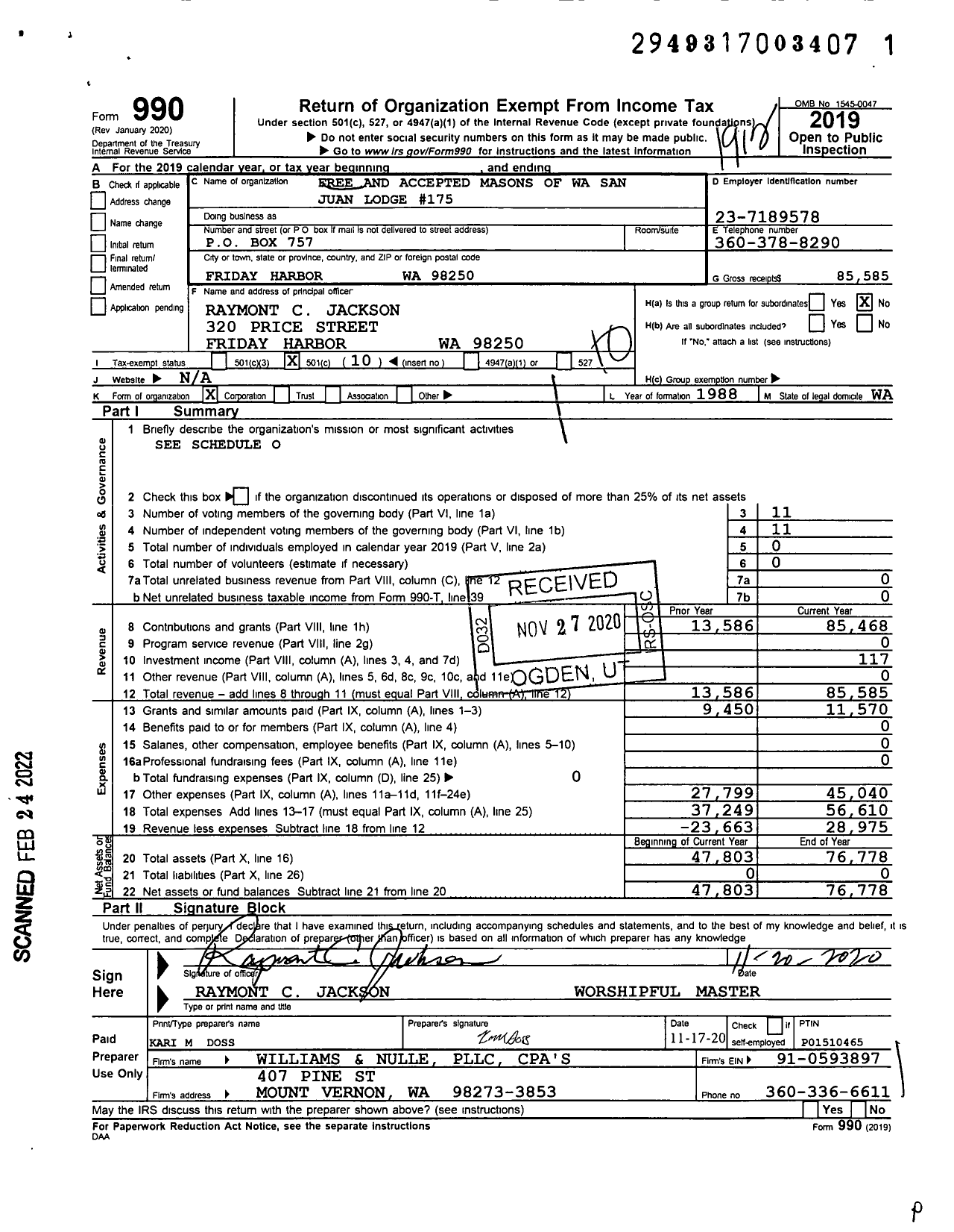 Image of first page of 2019 Form 990O for Free and Accepted Masons of Washington - 175 San Juan