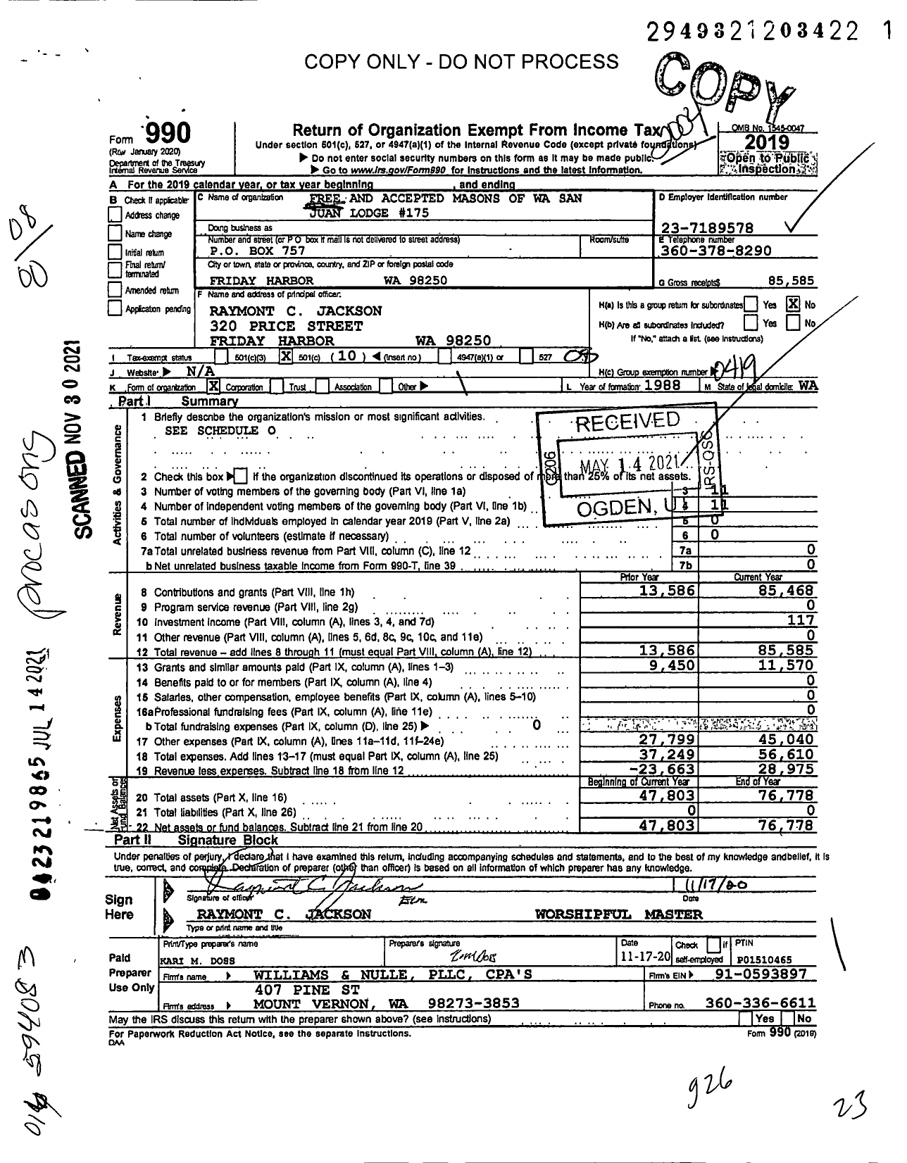 Image of first page of 2019 Form 990O for Free and Accepted Masons of Washington - 175 San Juan