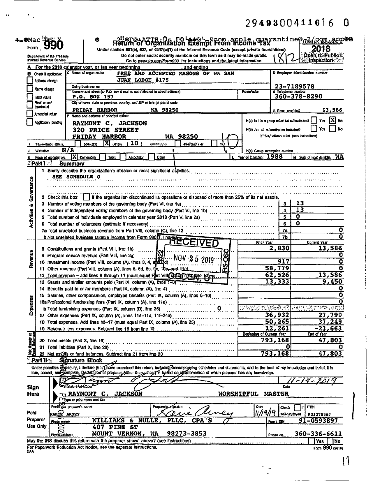 Image of first page of 2018 Form 990O for Free and Accepted Masons of Washington - 175 San Juan