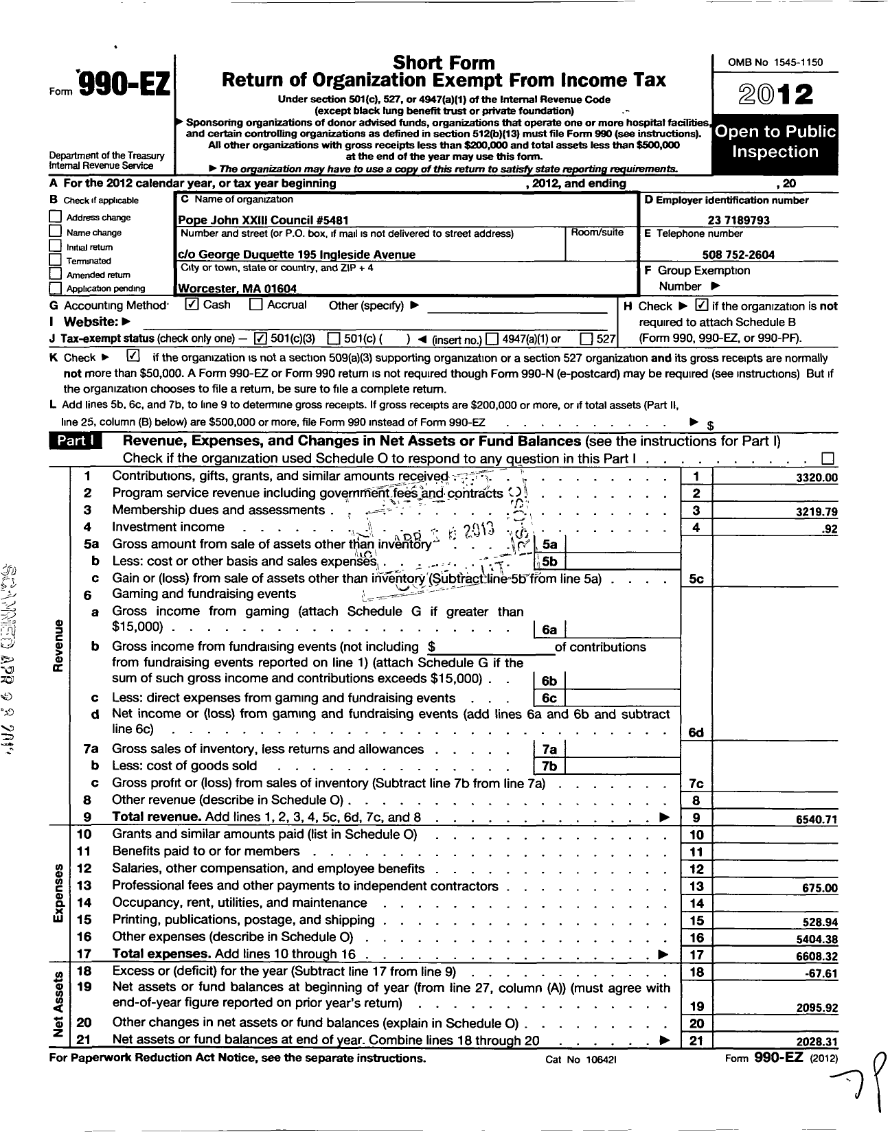 Image of first page of 2012 Form 990EZ for Knights of Columbus - 5481 Pope John Xxiii Council