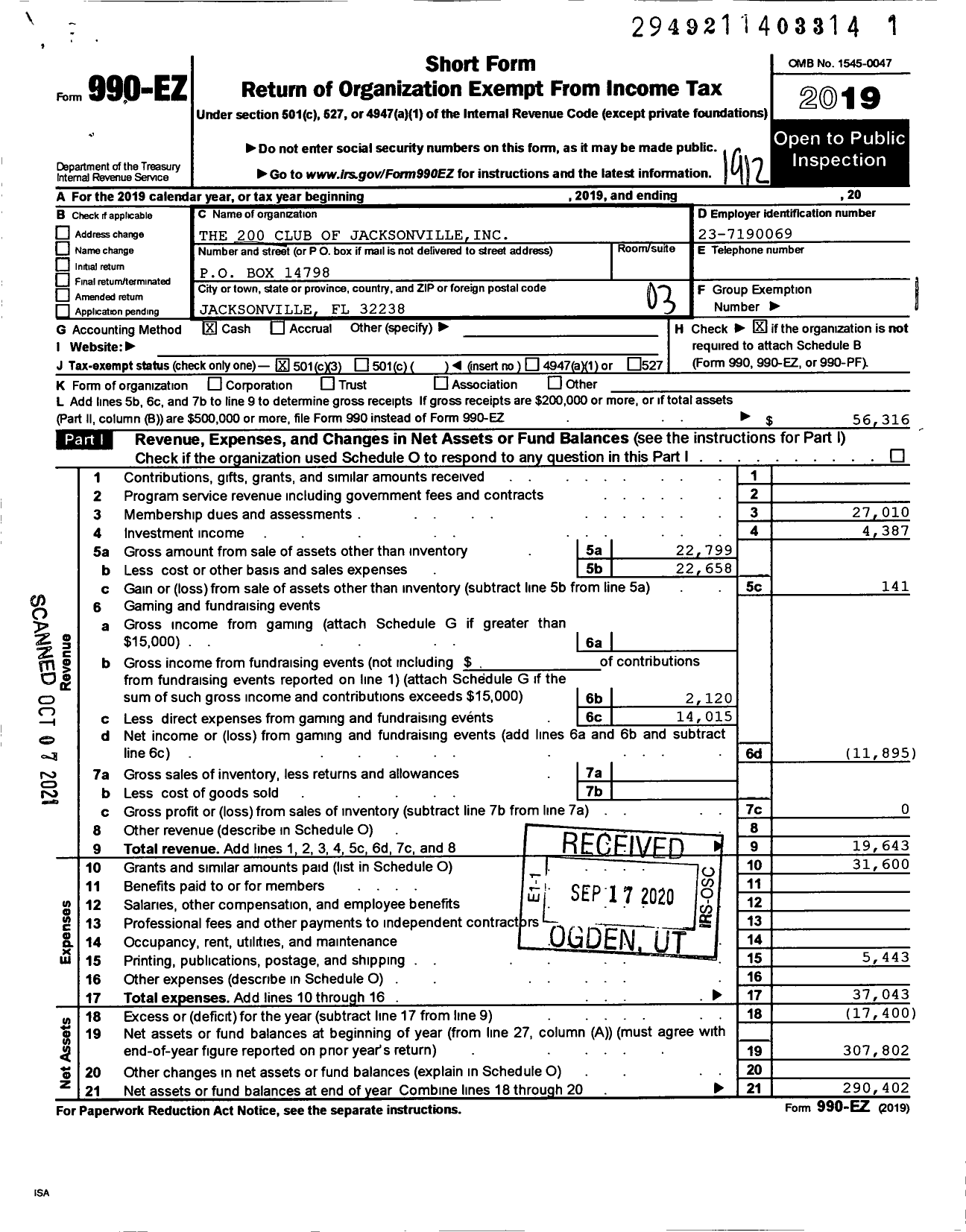 Image of first page of 2019 Form 990EZ for The 200 Club of Jacksonville