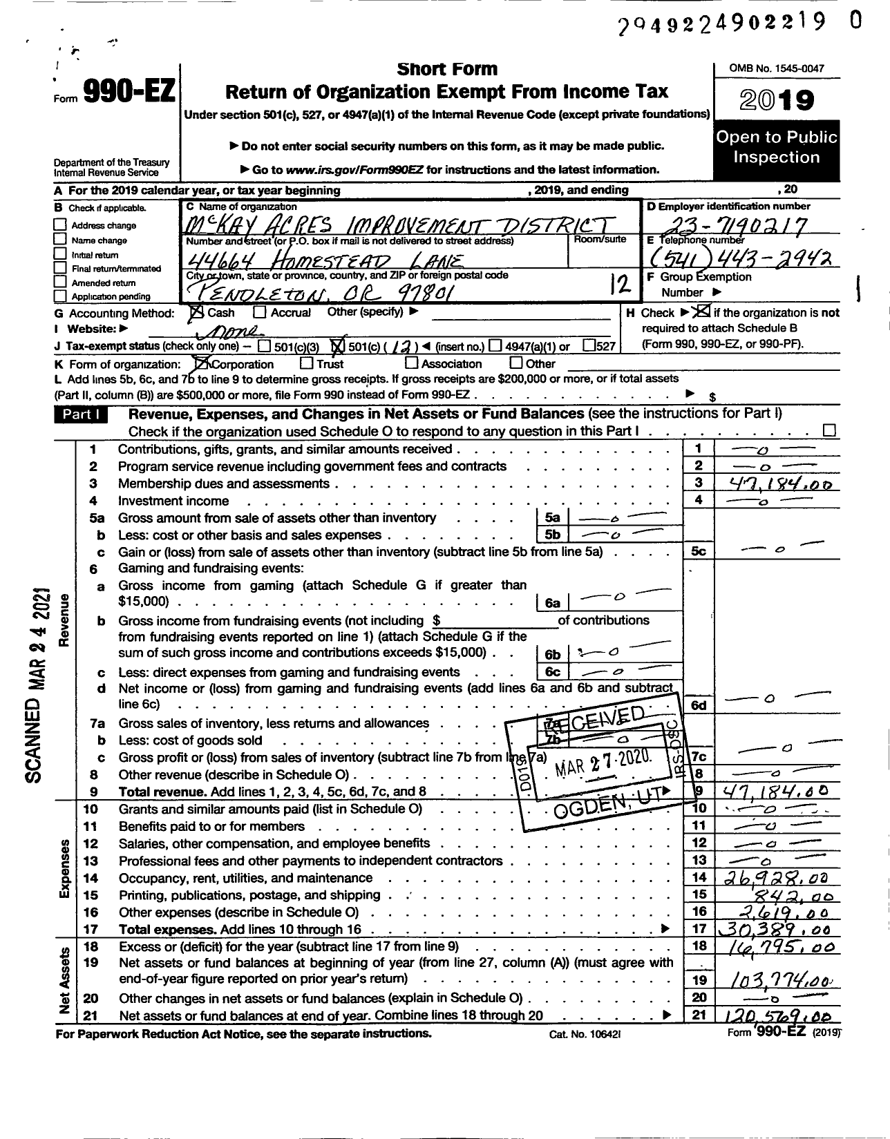 Image of first page of 2019 Form 990EO for Mckay Acres Improvement District of Pendleton Oregon