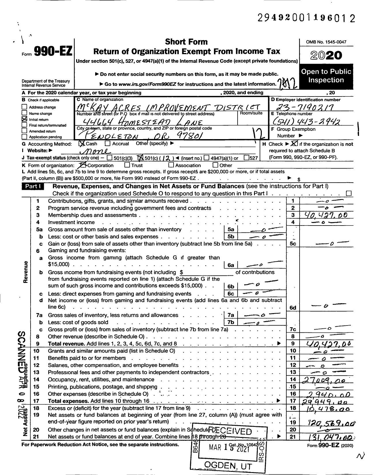 Image of first page of 2020 Form 990EO for Mckay Acres Improvement District of Pendleton Oregon