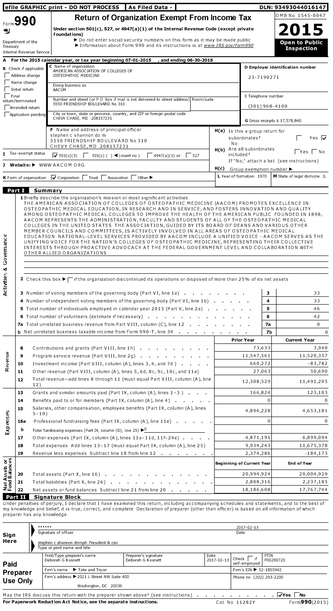 Image of first page of 2015 Form 990 for American Association of Colleges of Osteopathic Medicine (AACOM)