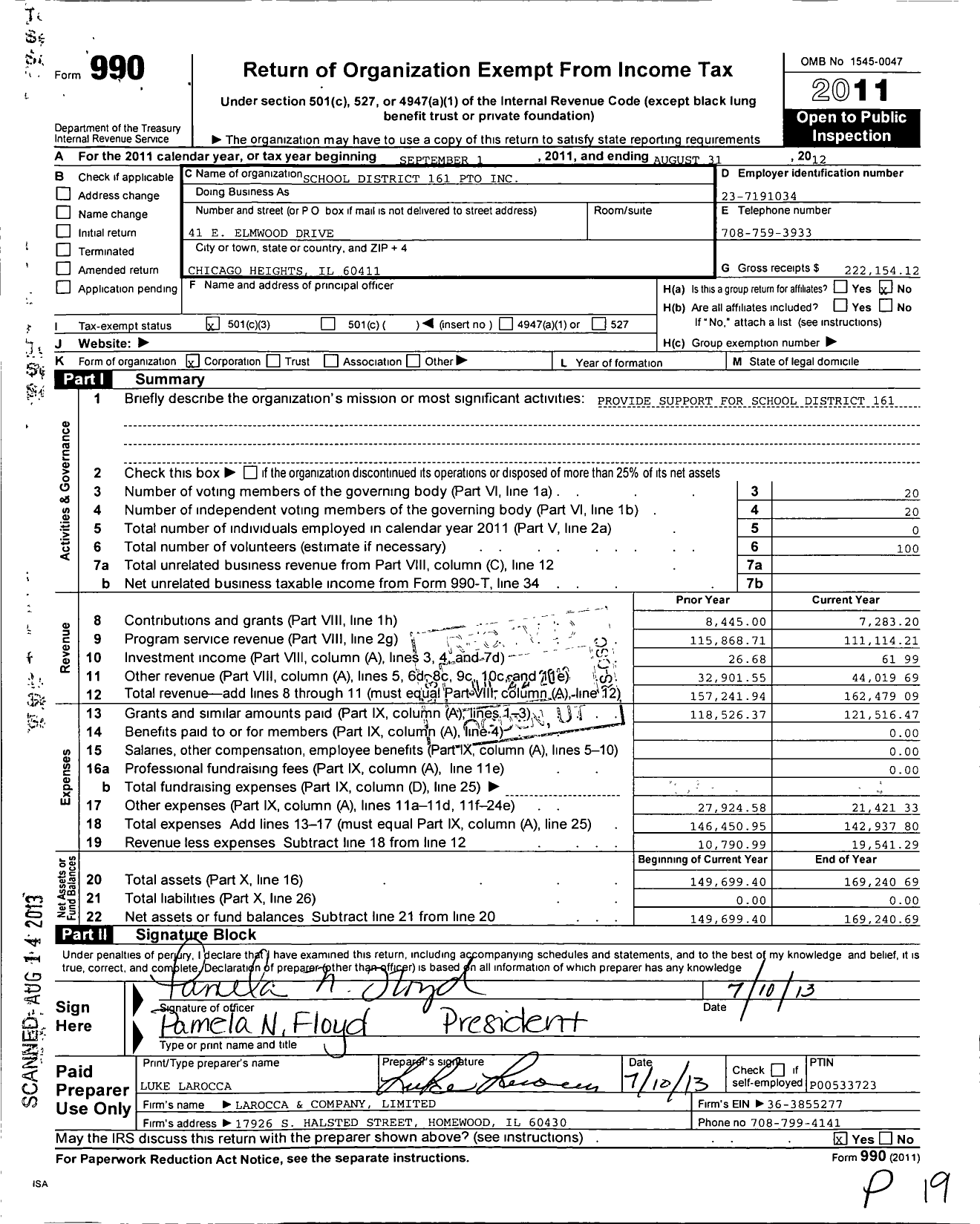 Image of first page of 2011 Form 990 for School District 161 Pto