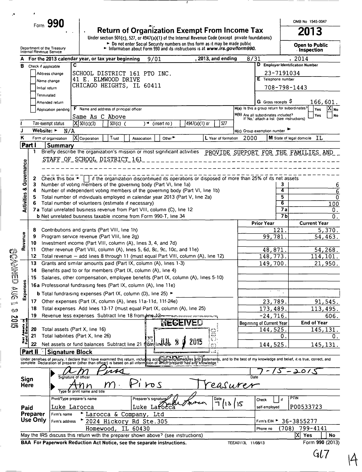 Image of first page of 2013 Form 990 for School District 161 Pto