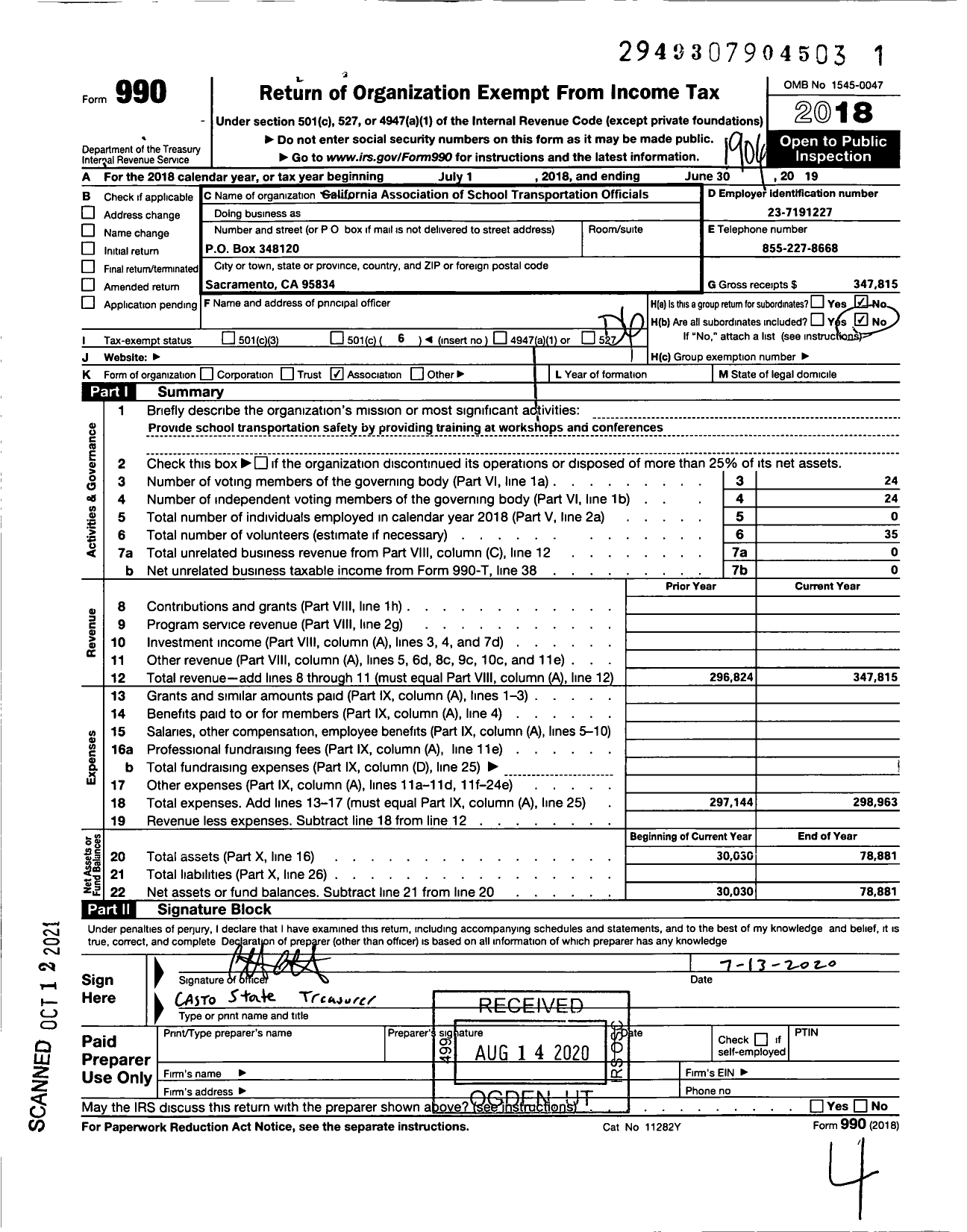 Image of first page of 2018 Form 990O for Calif Association of School Transport Officials