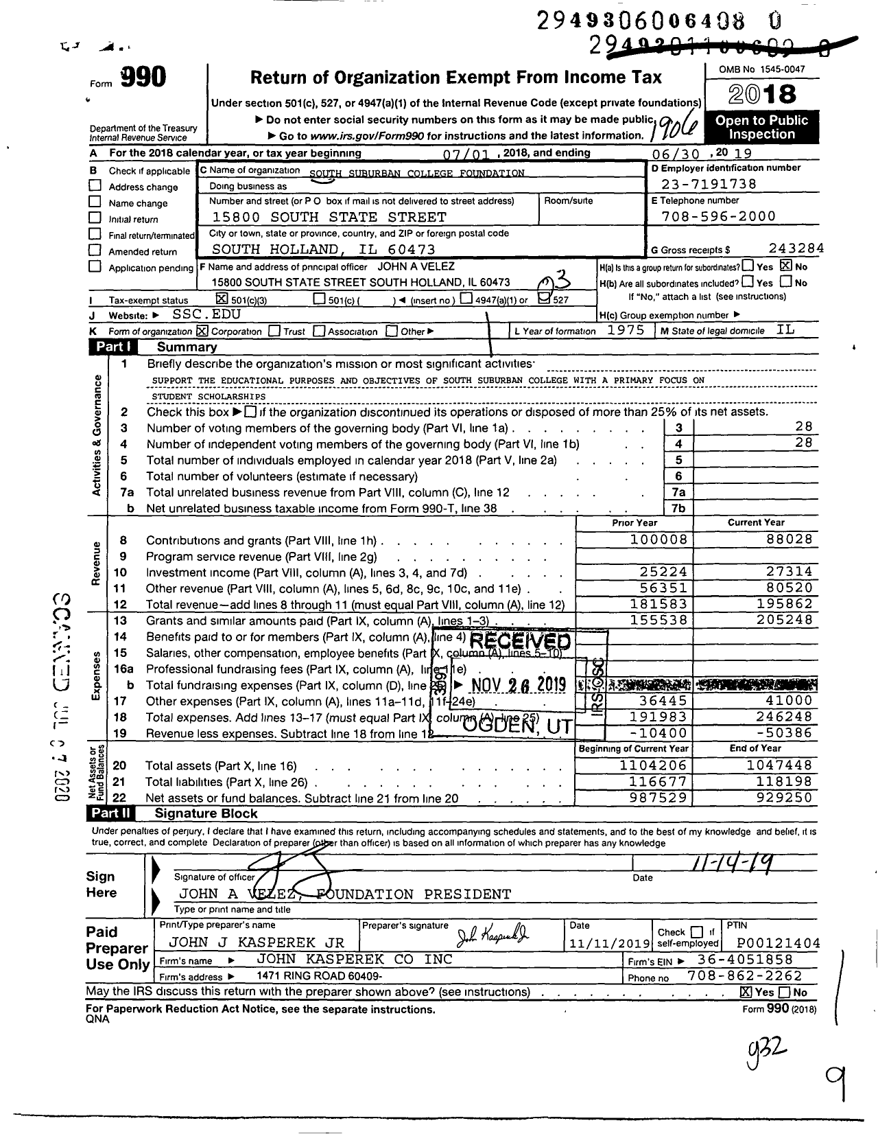 Image of first page of 2018 Form 990 for South Suburban College Foundation