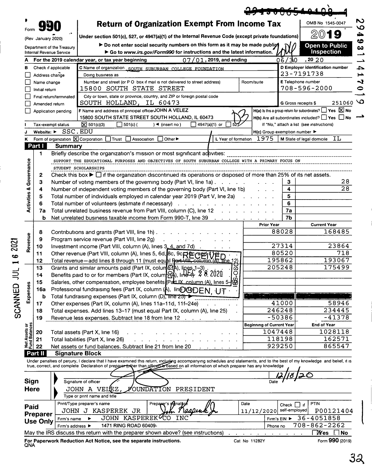 Image of first page of 2019 Form 990 for South Suburban College Foundation