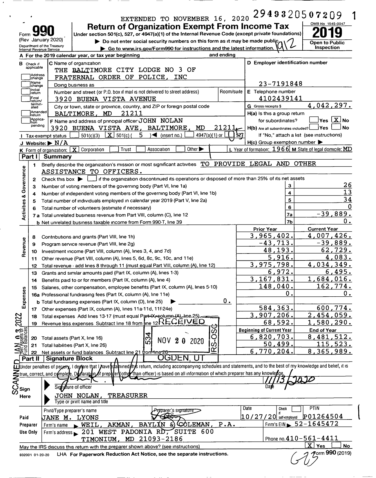 Image of first page of 2019 Form 990O for Fraternal Order of Police - 3 Baltimore City Lodge