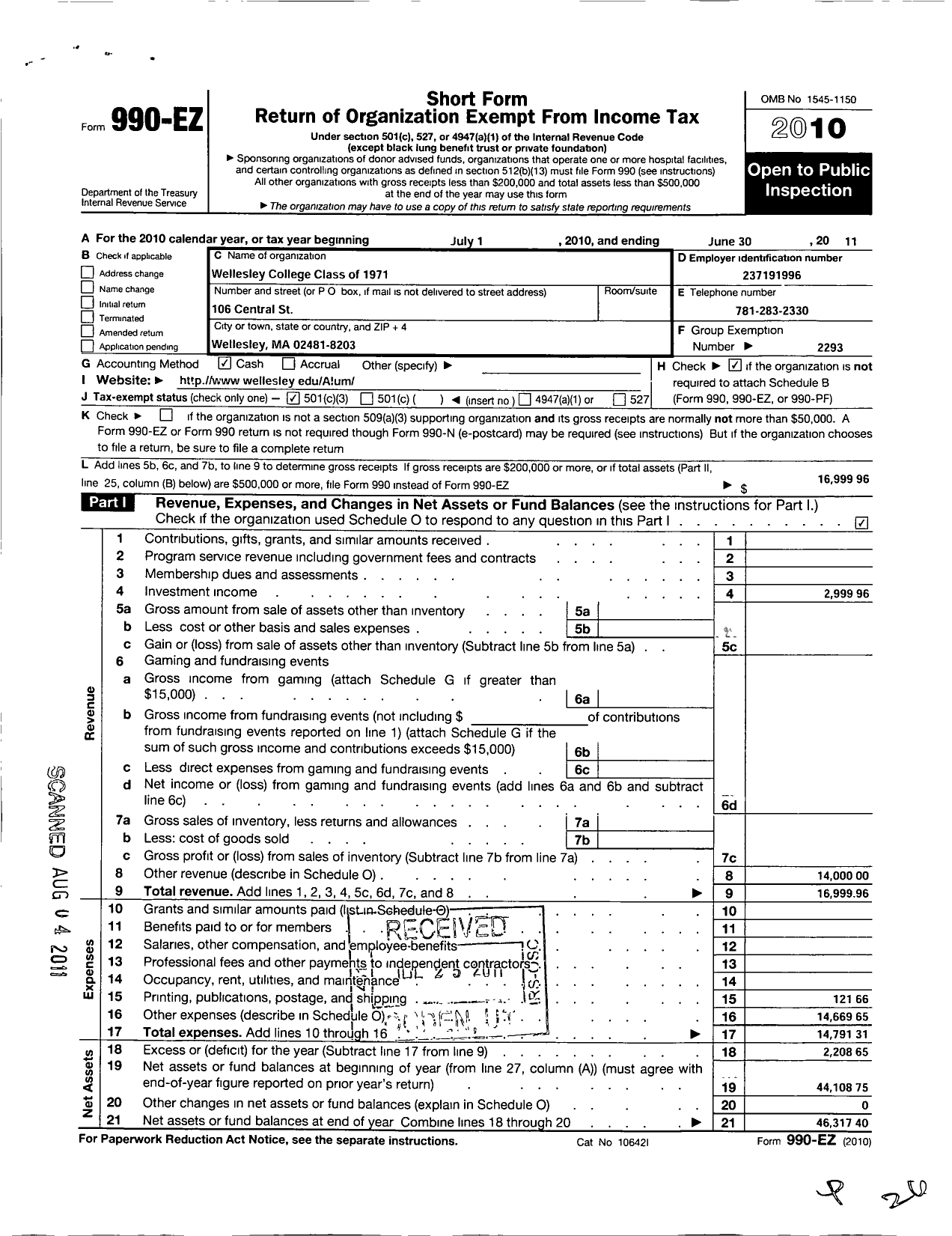 Image of first page of 2010 Form 990EZ for Wellesley College Alumnae Association - 1971 Class