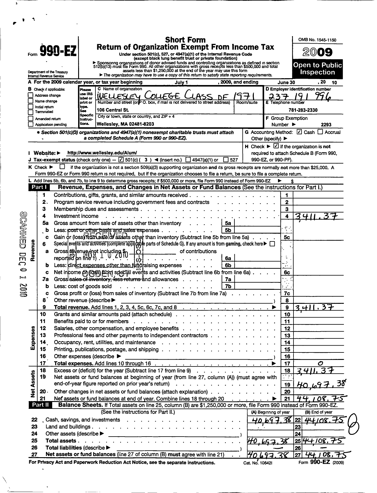 Image of first page of 2009 Form 990EZ for Wellesley College Alumnae Association - 1971 Class