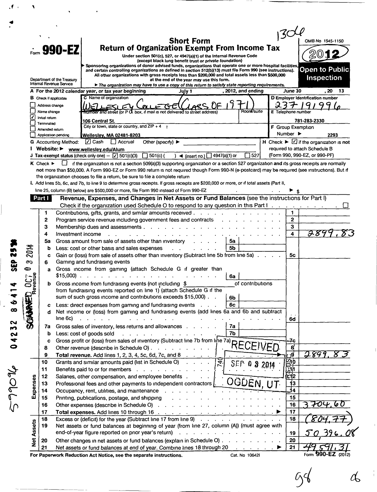 Image of first page of 2012 Form 990EZ for Wellesley College Alumnae Association - 1971 Class