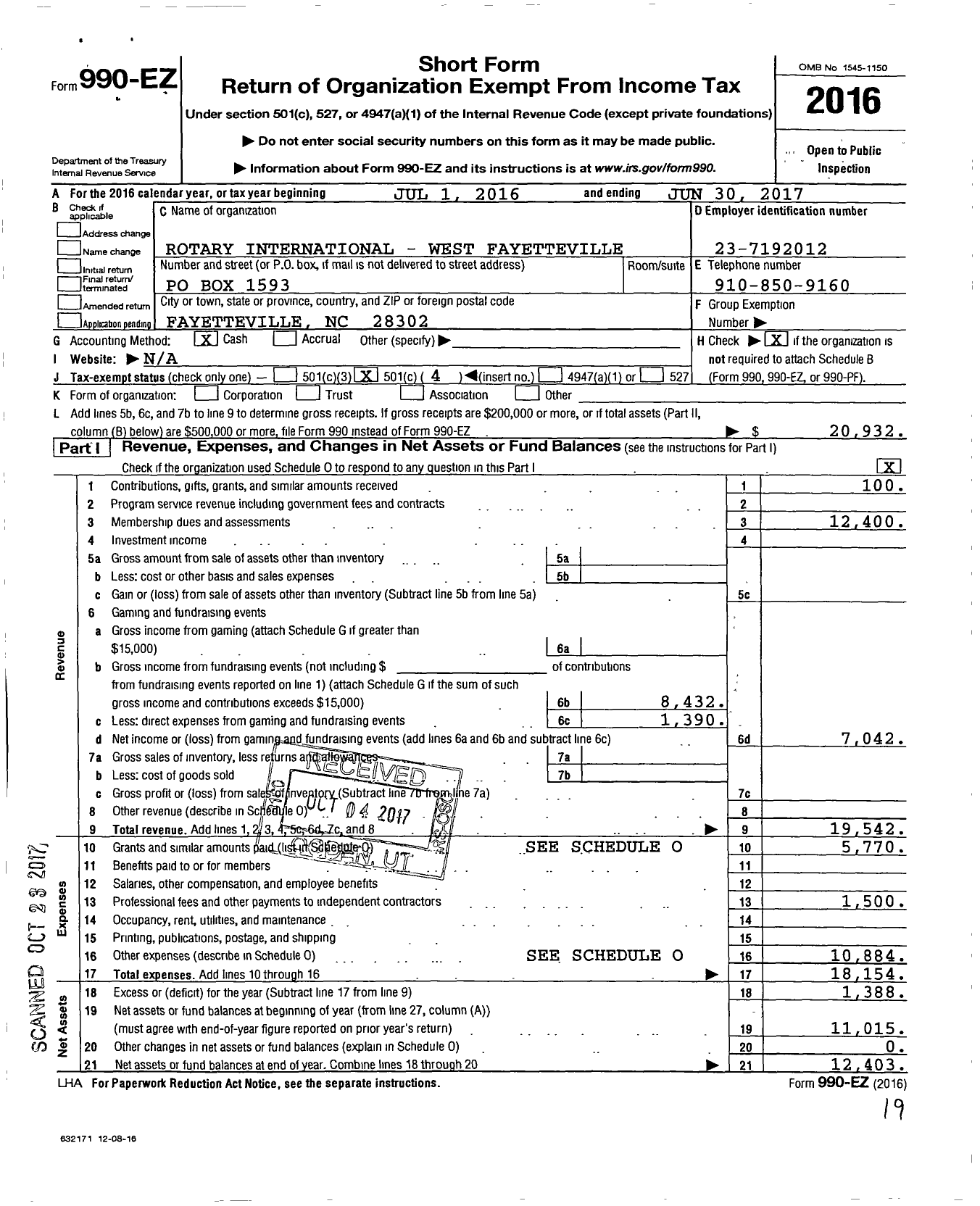 Image of first page of 2016 Form 990EO for Rotary International - West Fayetteville