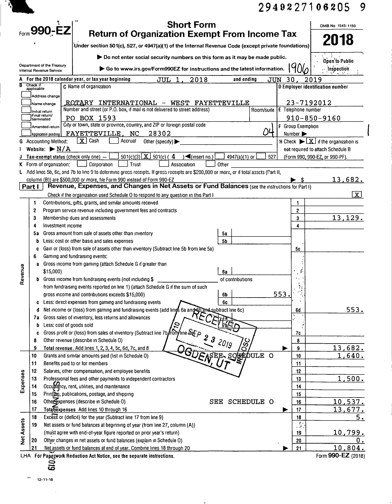 Image of first page of 2018 Form 990EO for Rotary International - West Fayetteville