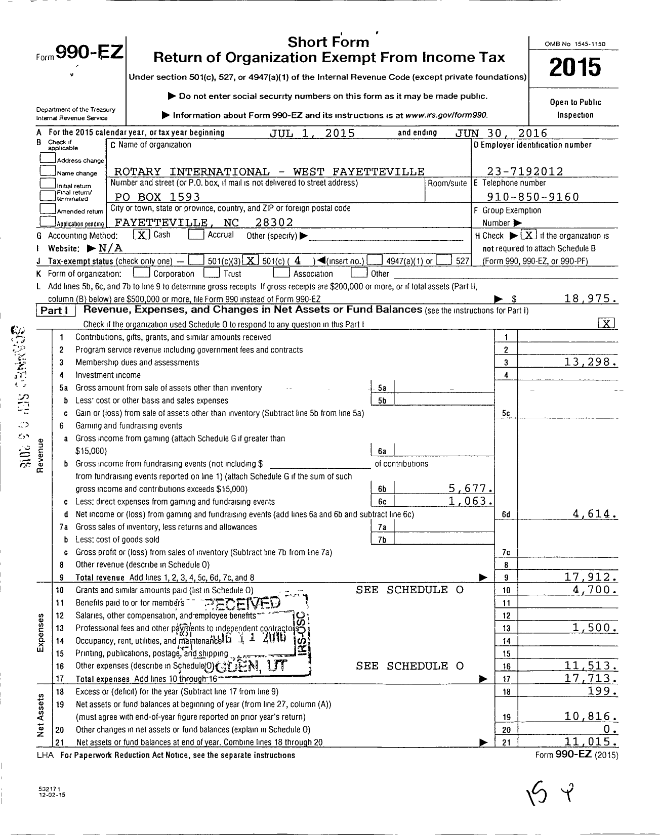 Image of first page of 2015 Form 990EO for Rotary International - West Fayetteville