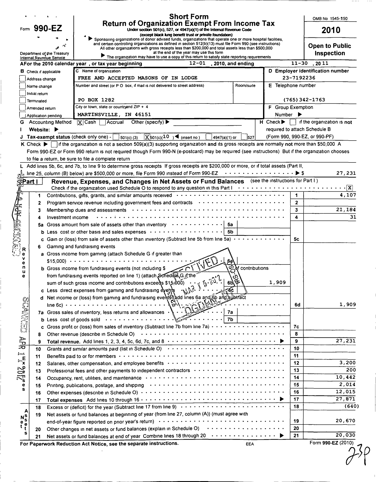 Image of first page of 2010 Form 990EO for Free & Accepted Masons of Indiana - 74 Martinsville