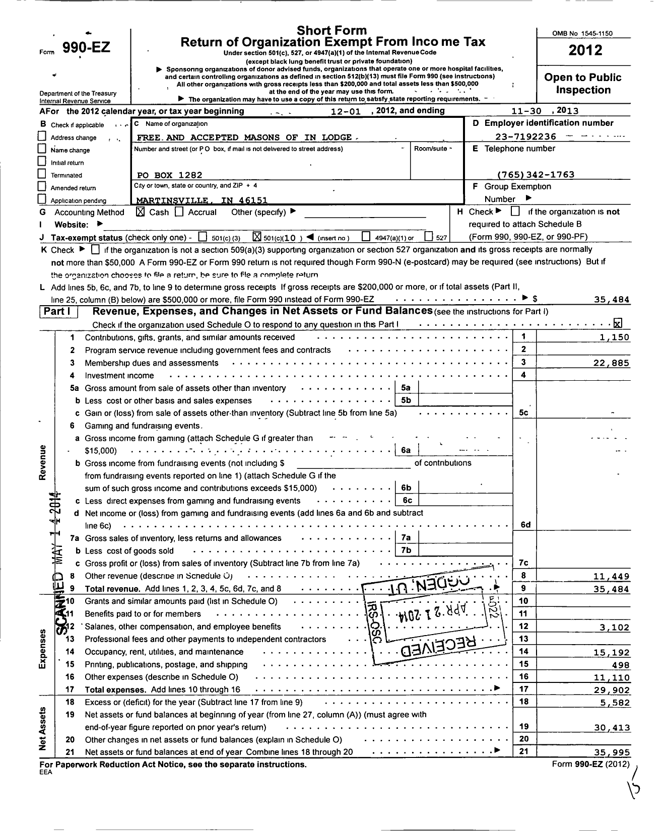 Image of first page of 2012 Form 990EO for Free & Accepted Masons of Indiana - 74 Martinsville