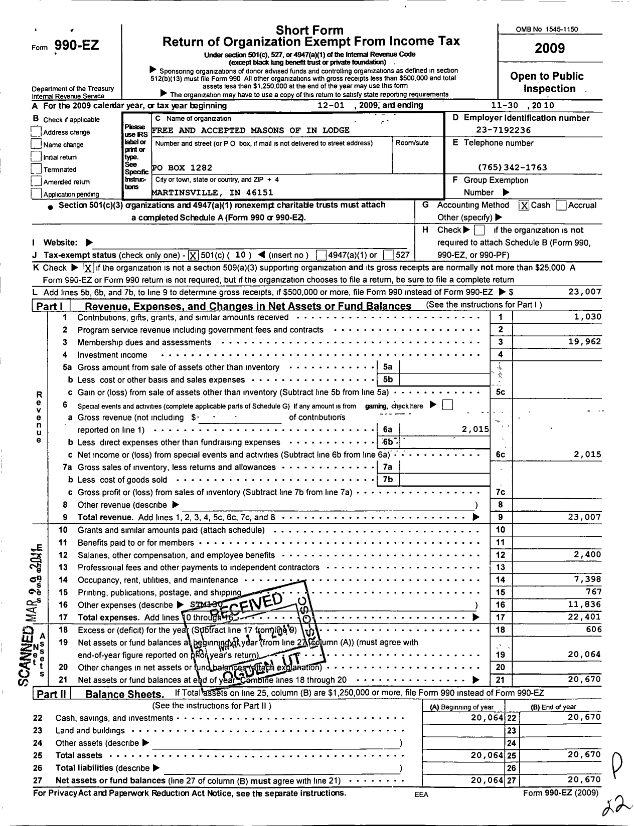 Image of first page of 2009 Form 990EO for Free & Accepted Masons of Indiana - 74 Martinsville