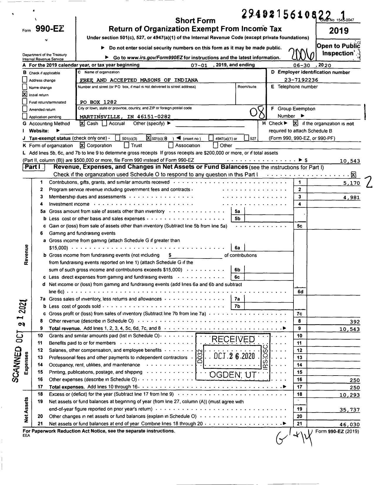 Image of first page of 2019 Form 990EO for Free & Accepted Masons of Indiana - 74 Martinsville