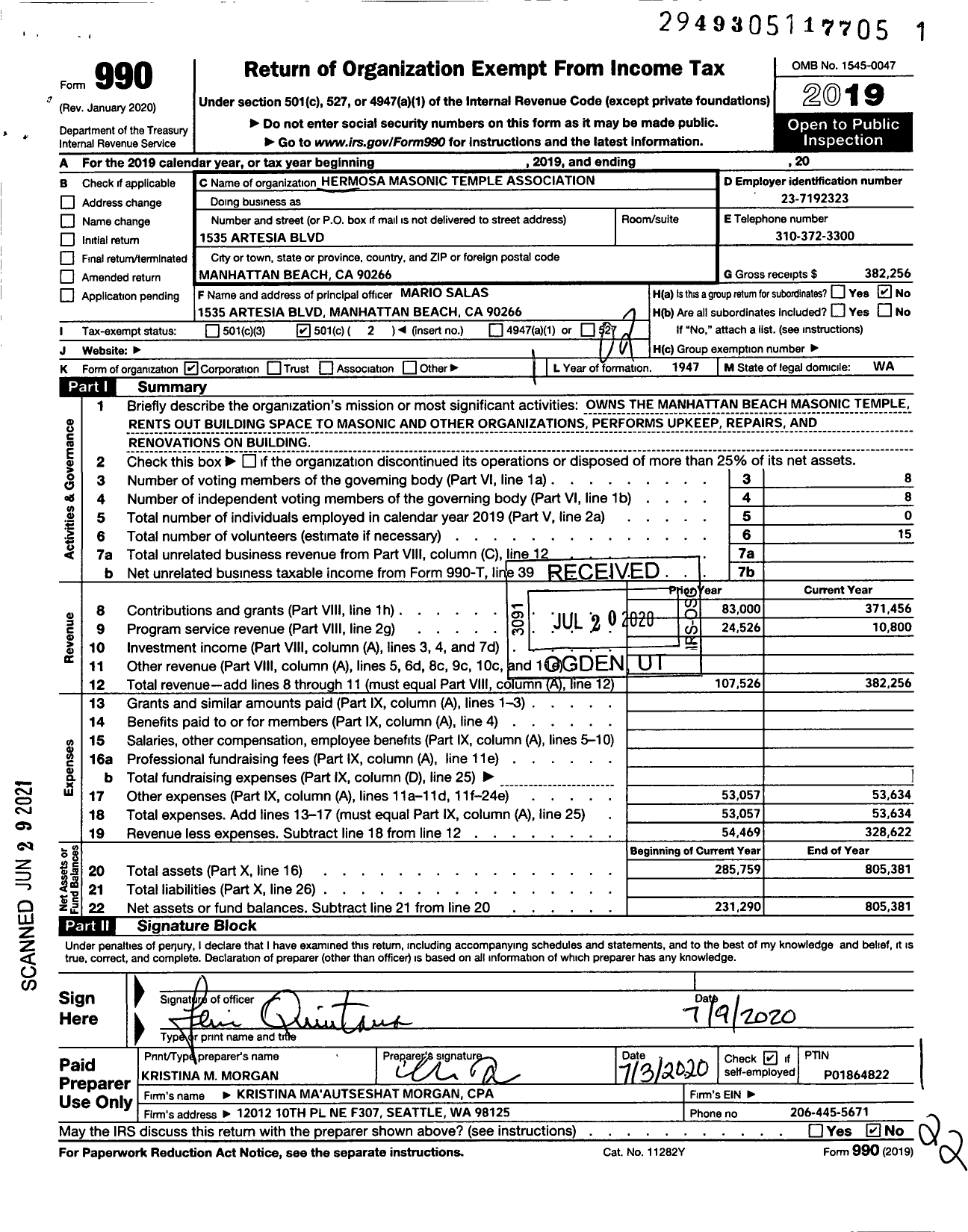 Image of first page of 2019 Form 990O for Hermosa Masonic Temple Association