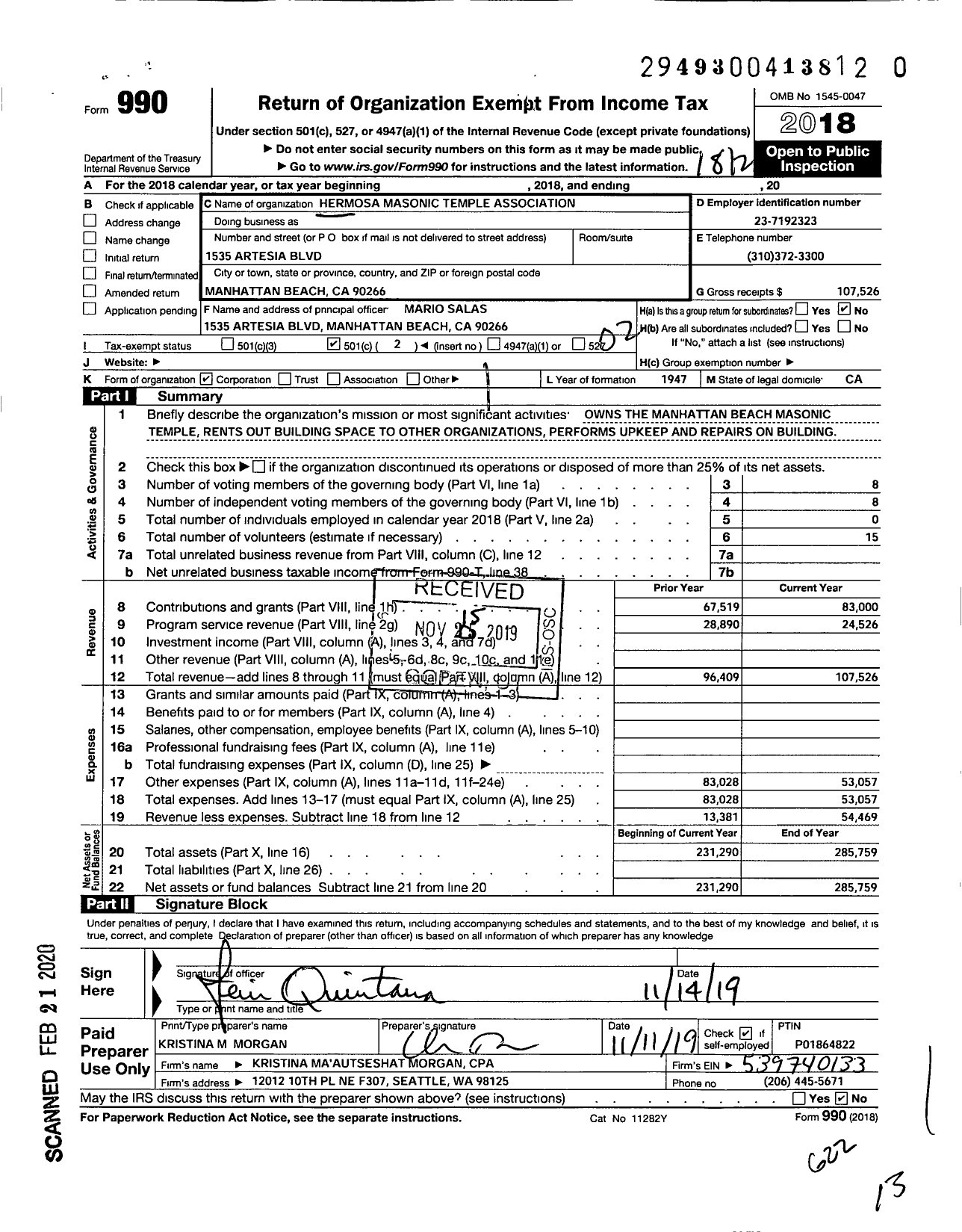 Image of first page of 2018 Form 990O for Hermosa Masonic Temple Association