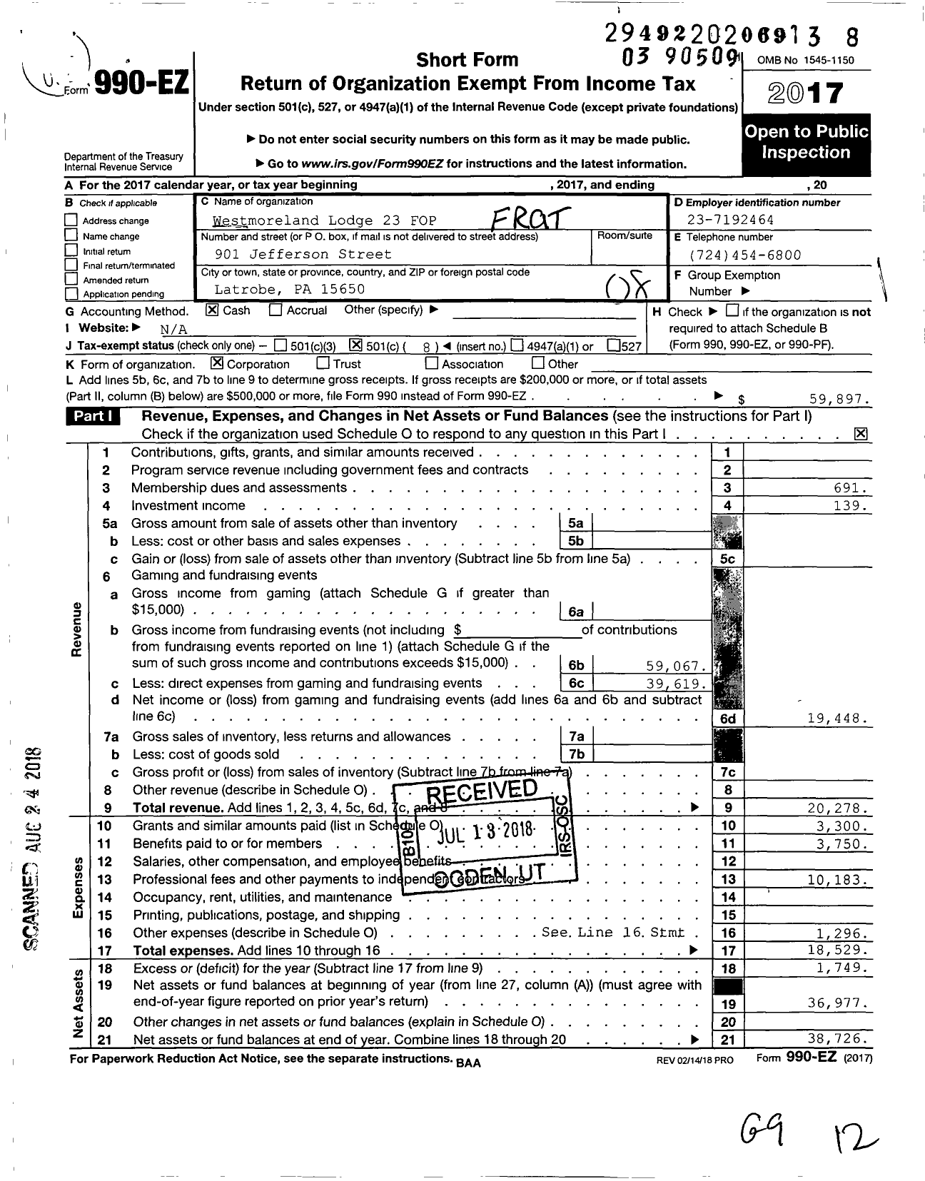 Image of first page of 2017 Form 990EO for Fraternal Order of Police - 23 Westmoreland Lodge