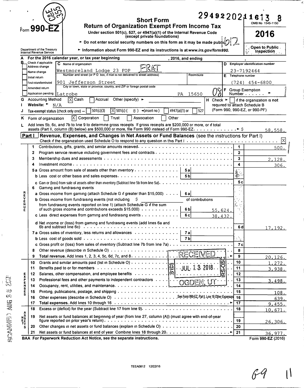 Image of first page of 2016 Form 990EO for Fraternal Order of Police - 23 Westmoreland Lodge