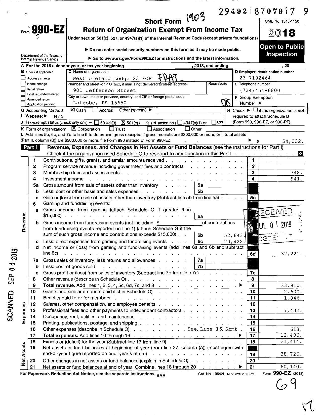 Image of first page of 2018 Form 990EO for Fraternal Order of Police - 23 Westmoreland Lodge