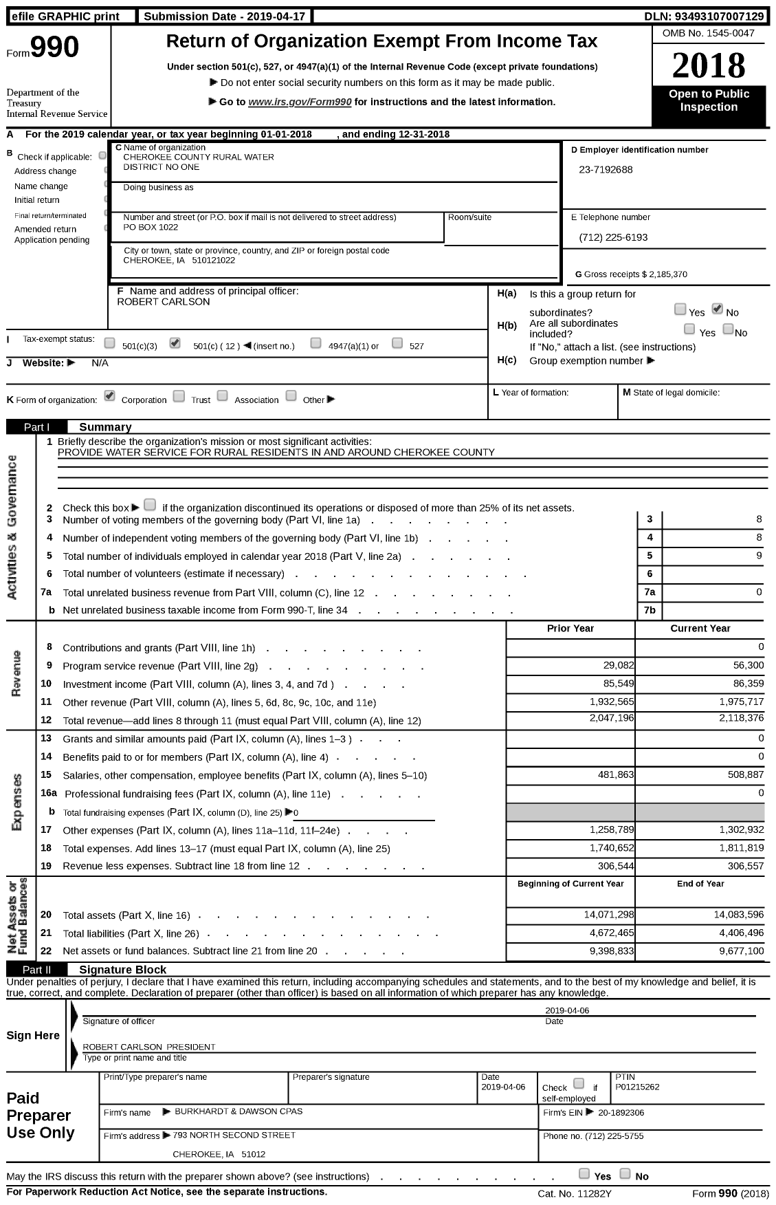 Image of first page of 2018 Form 990 for Cherokee County Rural Water District No One