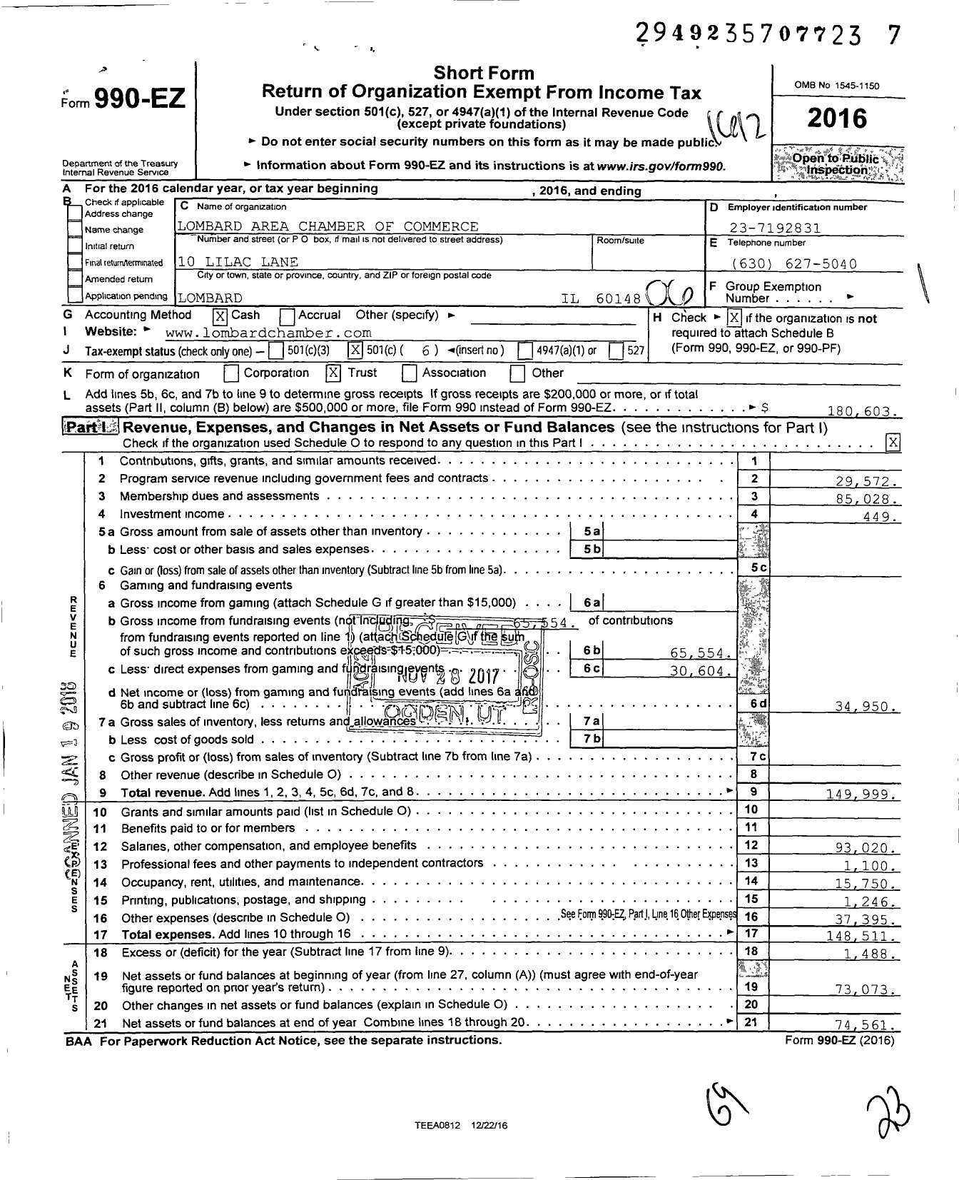 Image of first page of 2016 Form 990EO for Lombard Area Chamber of Commerce