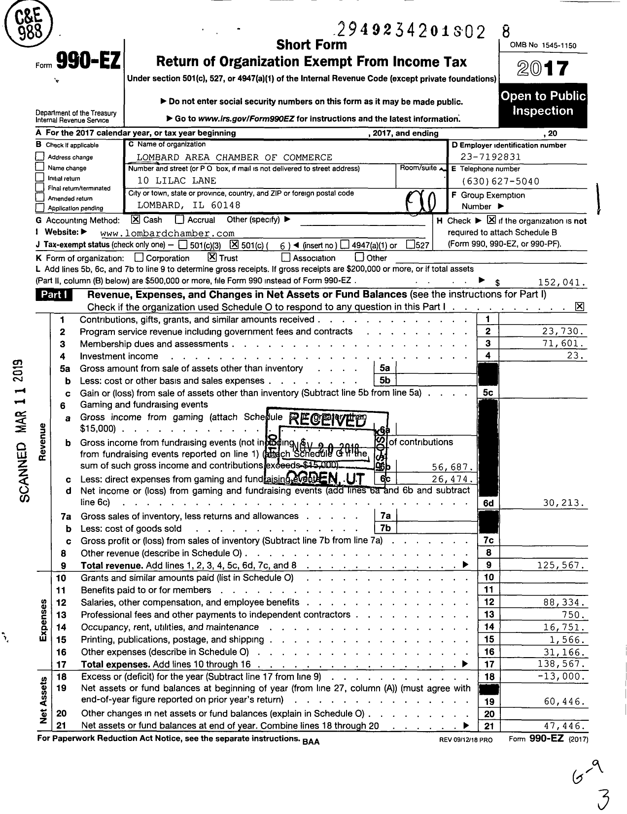 Image of first page of 2017 Form 990EO for Lombard Area Chamber of Commerce