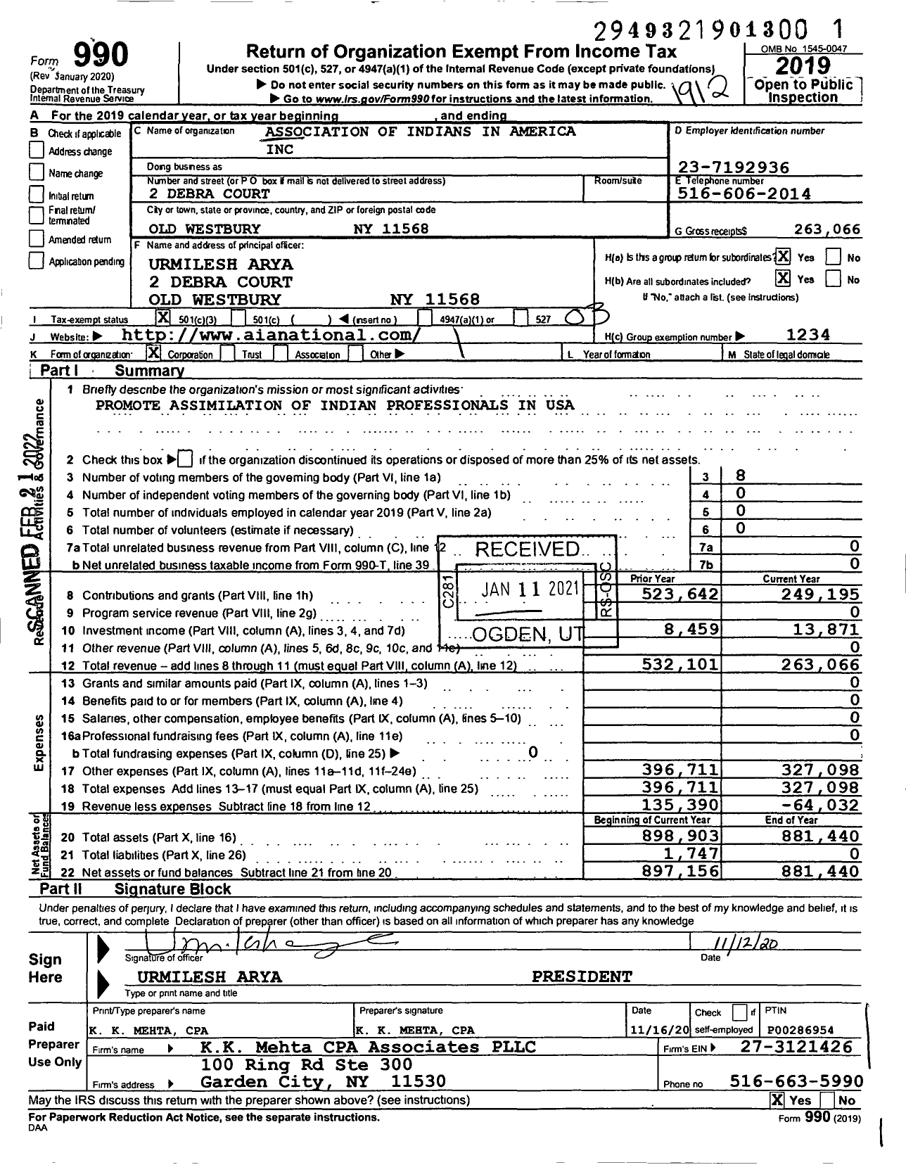 Image of first page of 2019 Form 990 for Association of Indians in America