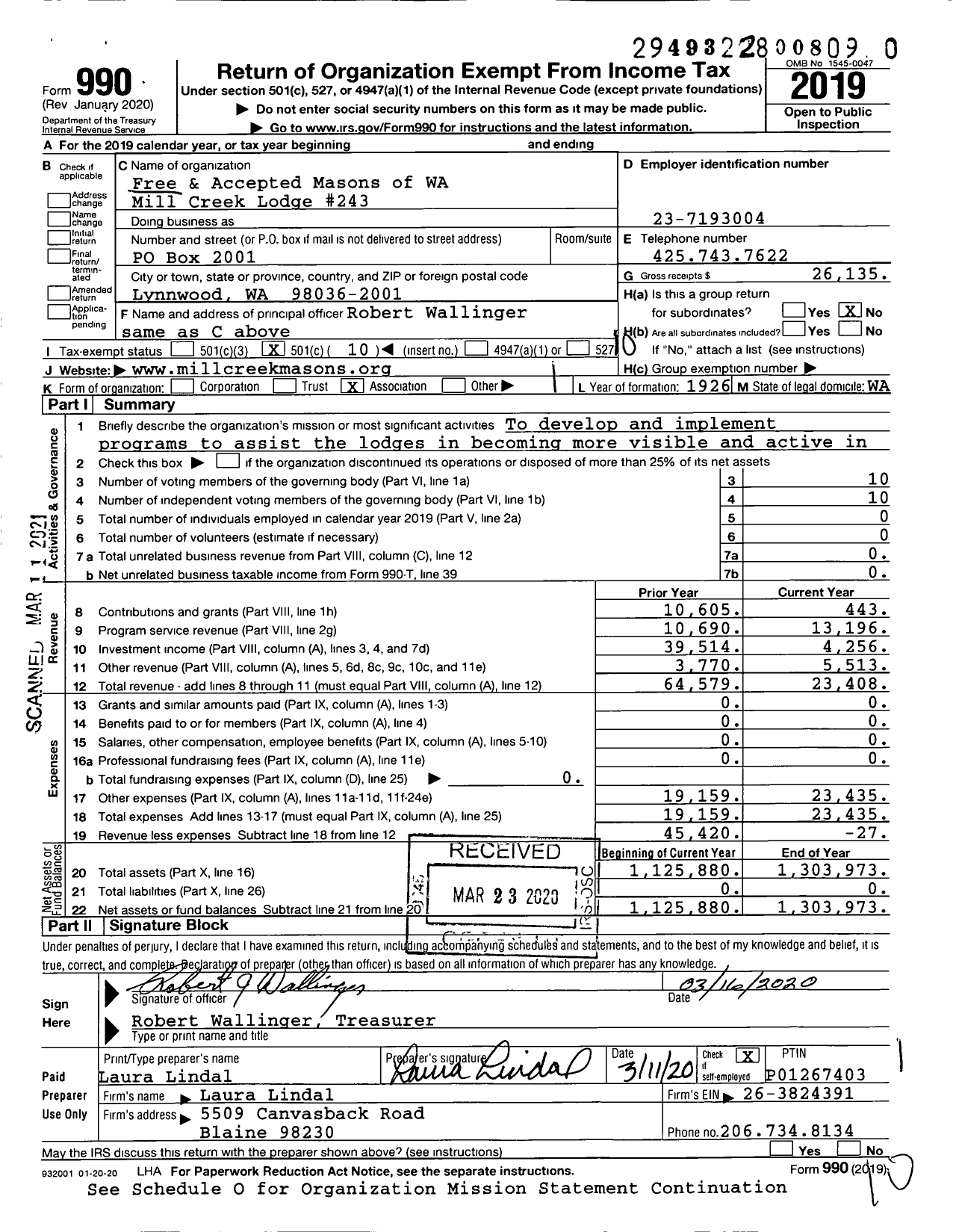 Image of first page of 2019 Form 990O for Free and Accepted Masons of WA - 243 Mill Creek