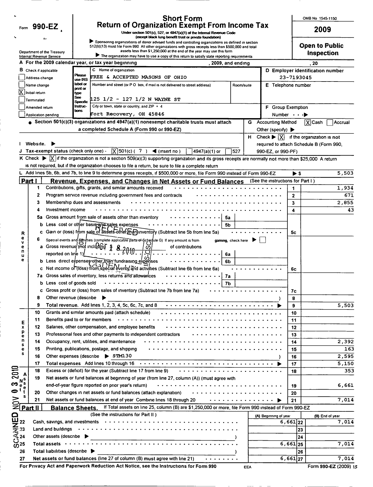 Image of first page of 2009 Form 990EO for Free & Accepted Masons of Ohio - 539 Fort Recovery Lodge