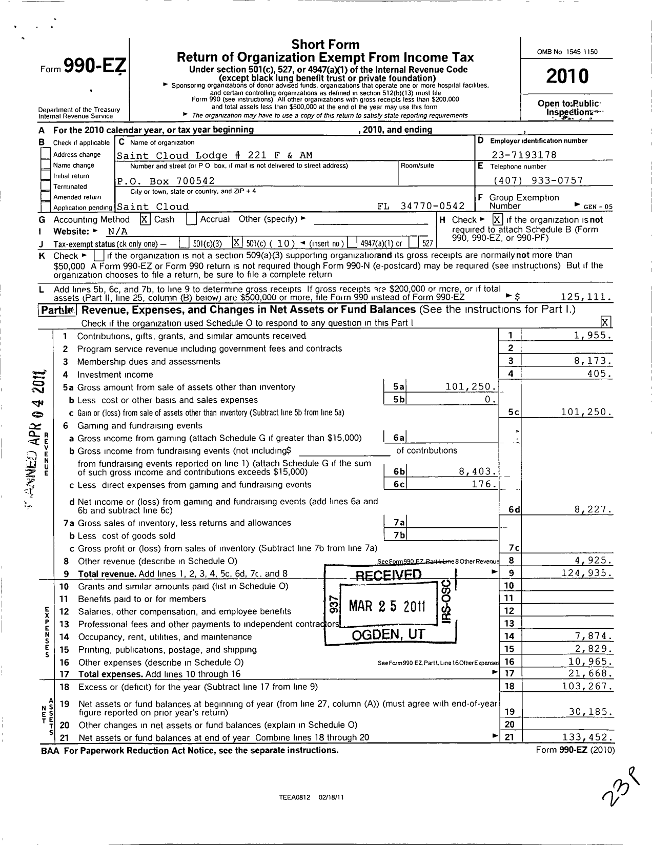 Image of first page of 2010 Form 990EO for Free and Accepted Masons of Florida - 221 St Cloud Lodge