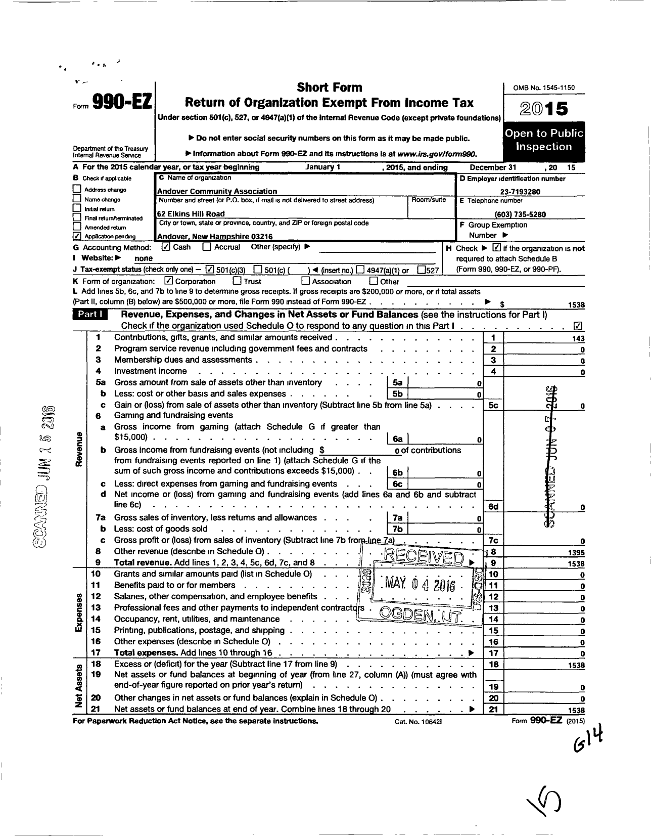 Image of first page of 2015 Form 990EZ for The Andover Community Hub