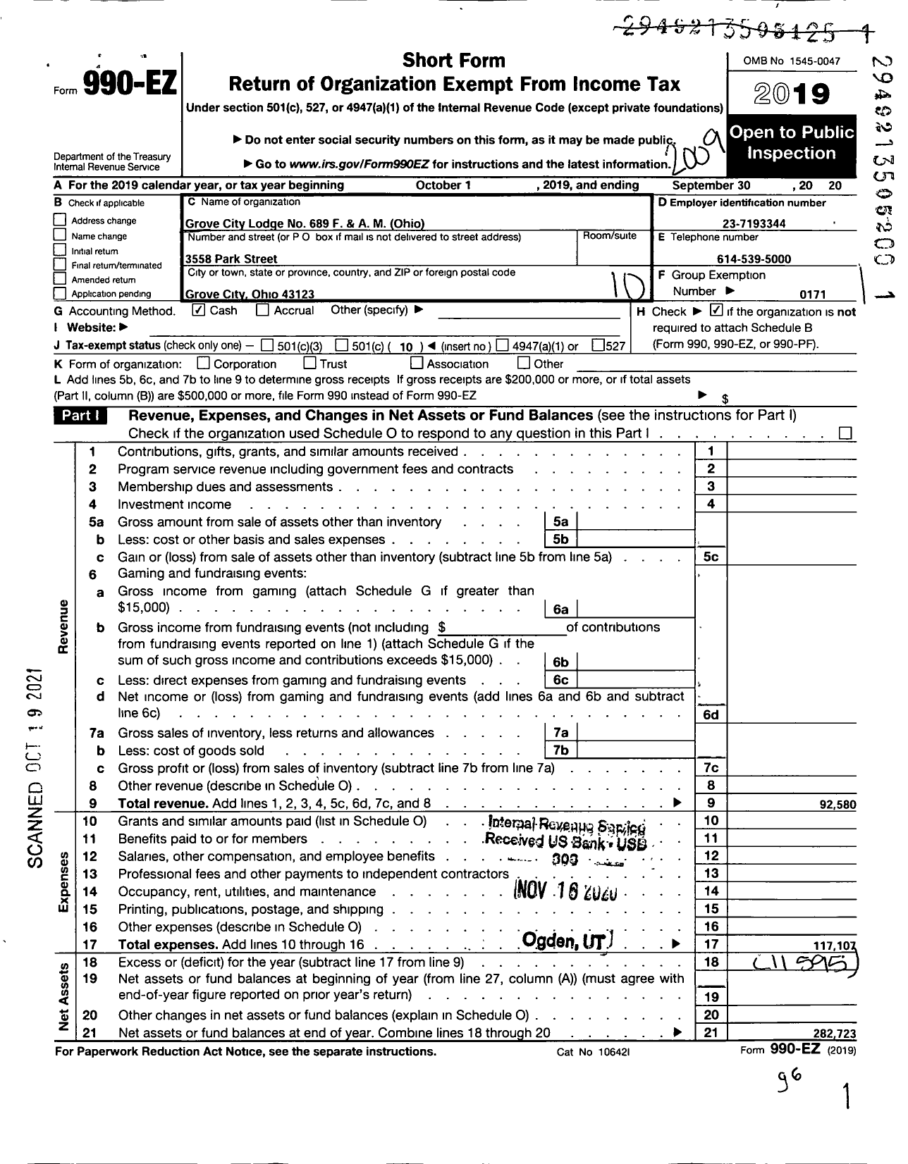 Image of first page of 2019 Form 990EO for Free & Accepted Masons of Ohio - 689 Grove City Lodge