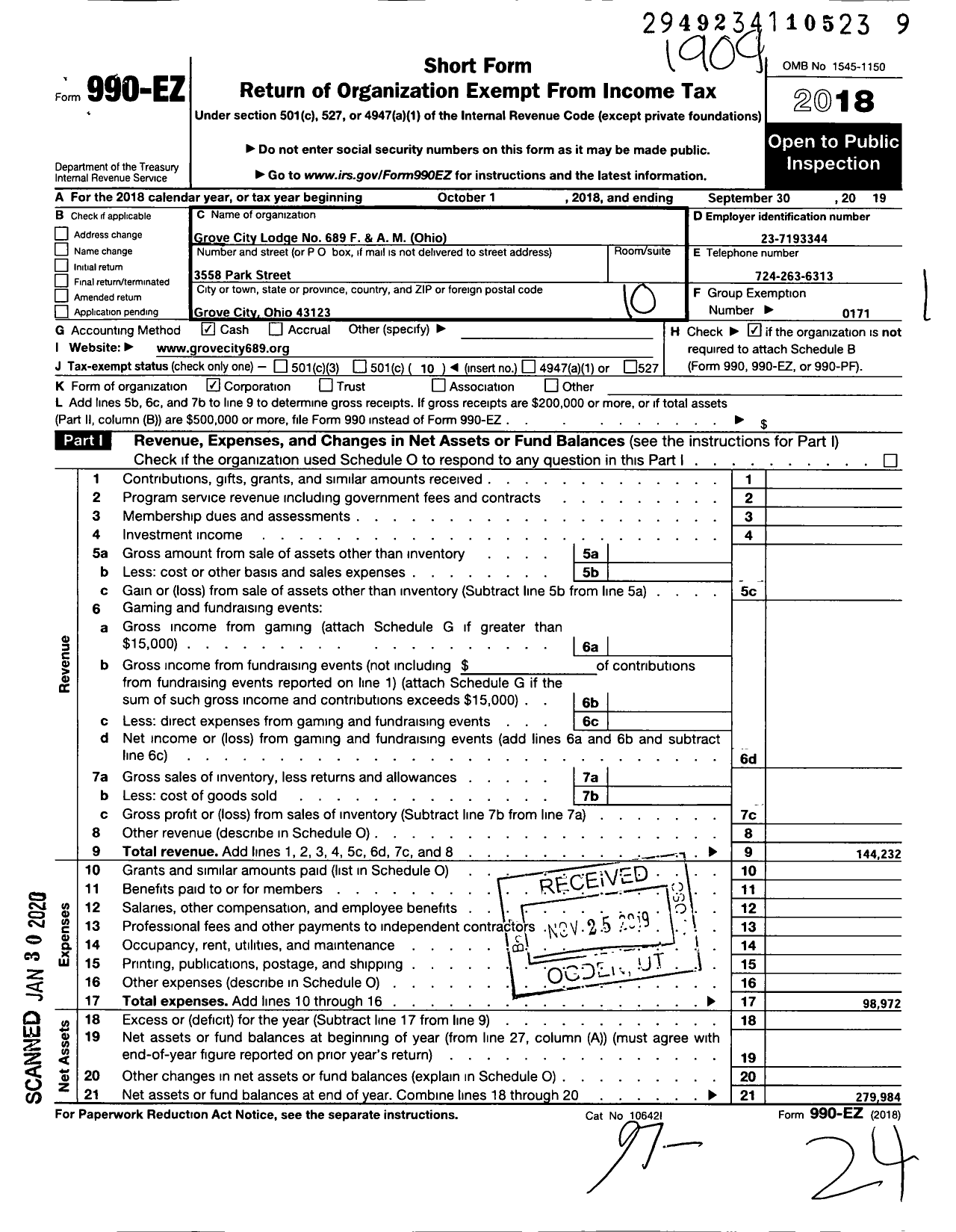 Image of first page of 2018 Form 990EO for Free & Accepted Masons of Ohio - 689 Grove City Lodge