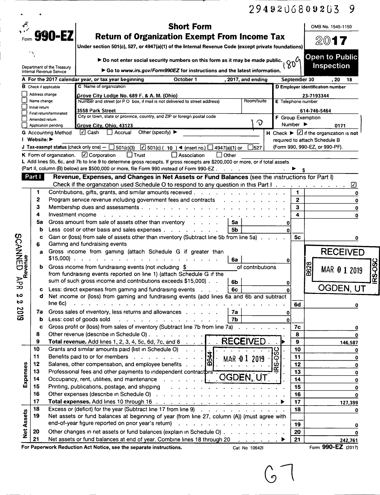 Image of first page of 2017 Form 990EO for Free & Accepted Masons of Ohio - 689 Grove City Lodge