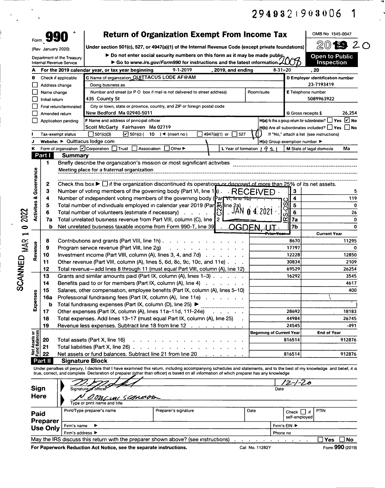 Image of first page of 2019 Form 990O for Massachusetts Freemasons - Quittacus Lodge AF & AM