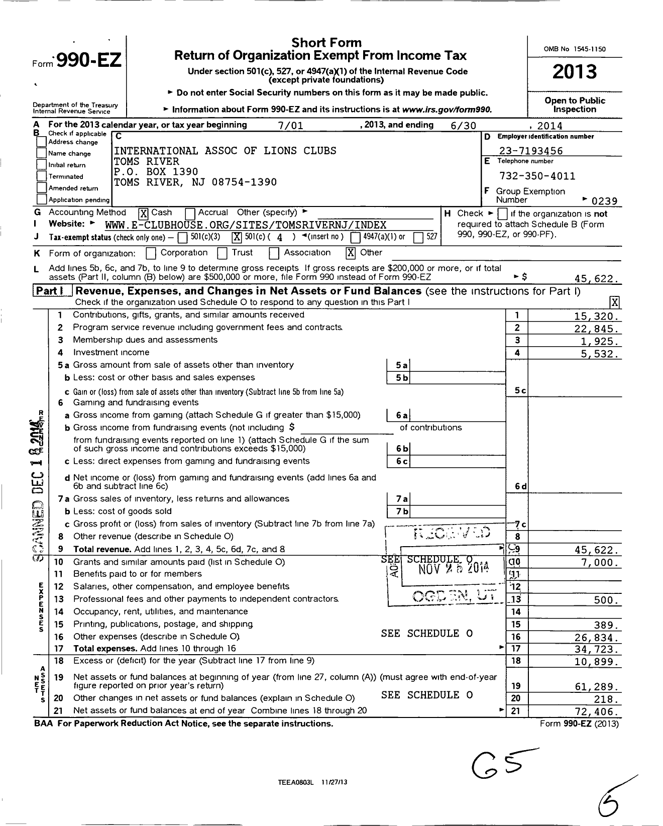 Image of first page of 2013 Form 990EO for Lions Clubs - 6695 Toms River